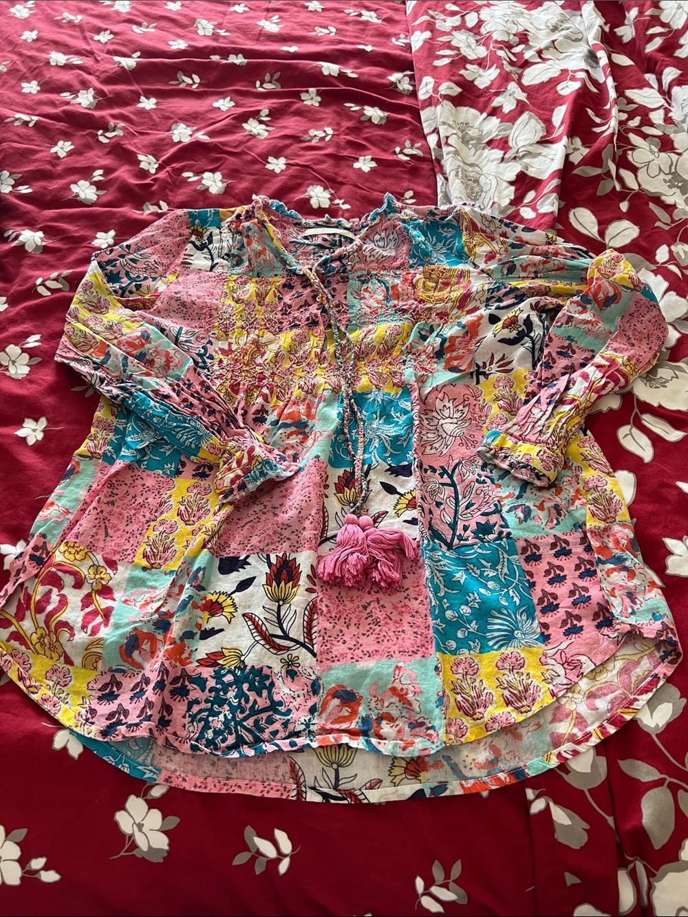 Boho Patchwork Floral Tie-Front Tunic Top - Multicolor